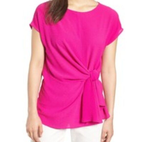 ✨ GIBSON ✨ Tie Front Cap Sleeve Crepe Blouse - [Medium, Pink] - Picture 1 of 11